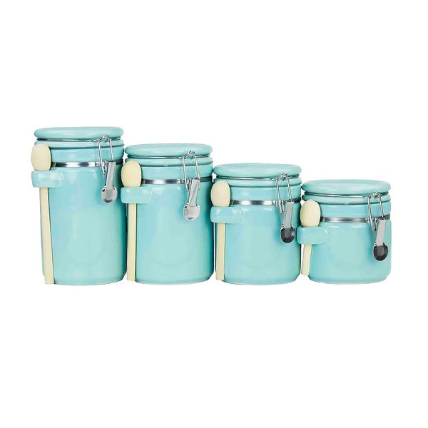 Hds Trading 4 Piece Ceramic Canister Set with Wooden Spoons, Turquoise ZOR95955